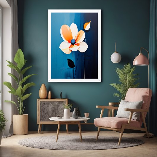 Hedendaagse blauwe en Oranje bloemenkunst Perfect Poster