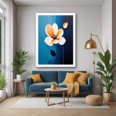 Hedendaagse blauwe en Oranje bloemenkunst Poster