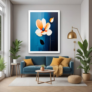 Hedendaagse blauwe en Oranje bloemenkunst Poster