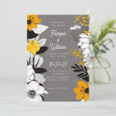 Hedendaagse bloemen zwart, wit, geel bruiloft kaart (Staand voorkant)