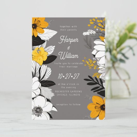 Hedendaagse bloemen zwart, wit, geel bruiloft kaart (Staand voorkant)