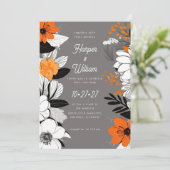 Hedendaagse bloemen zwart, wit, oranje bruiloft kaart (Staand voorkant)