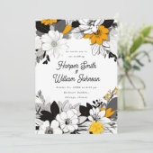 Hedendaagse bloemenzwart, wit, geel bruiloft kaart (Staand voorkant)