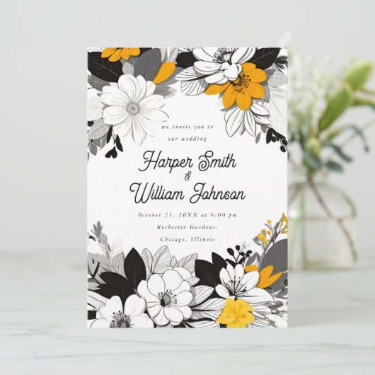 Hedendaagse bloemenzwart, wit, geel bruiloft kaart (Staand voorkant)