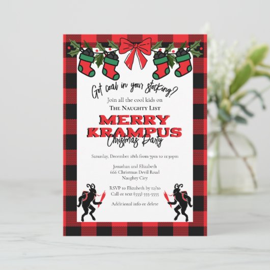 Hedendaagse Buffalo Plaid Kerst Krampus Kerstfeest Kaart (Staand voorkant)