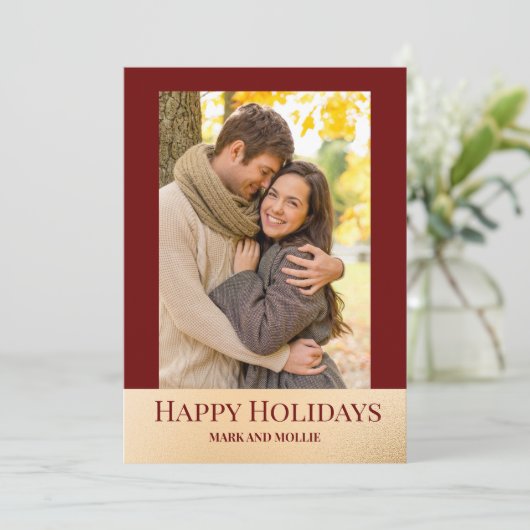 Hedendaagse Burgundy Gouden Prettige Feestdagen Fo Feestdagenkaart (Staand voorkant)