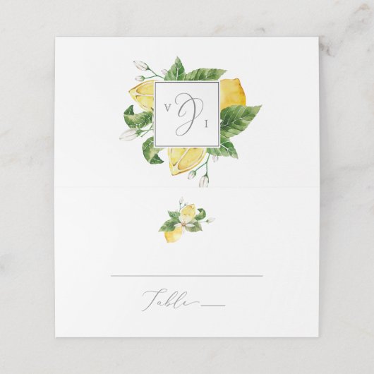 Hedendaagse Citroen Tuin Monogram Gevouwen Trouwfe Plaatskaartje (Buitenkant ongevouwen)