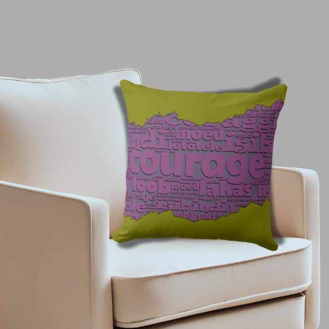 Hedendaagse Courage Typografie Olive Green Paarse Kussen (Contemporary Courage Typography Olive Green Purple Throw Pillow)