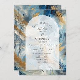 Hedendaagse Elegantie: Blauw Wit Goud Bruiloft Kaart