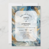 Hedendaagse Elegantie: Blauw Wit Goud Bruiloft Kaart (Voorkant)