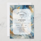 Hedendaagse Elegantie: Blauw Wit Goud Bruiloft Kaart (Voorkant)