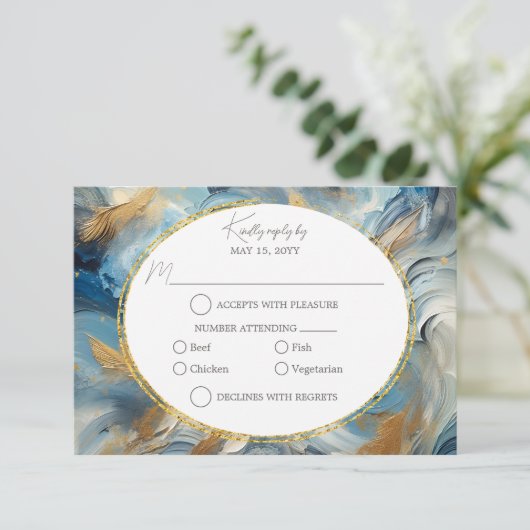 Hedendaagse Elegantie: Blauw Wit Goud RSVP (Staand voorkant)