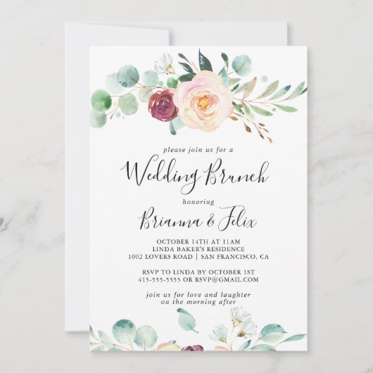 Hedendaagse eucalyptus bloemenbruiloft brunch kaart (Voorkant)