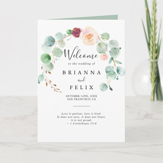 Hedendaagse eucalyptus bloemengevouwen bruiloft programma (Voorkant)