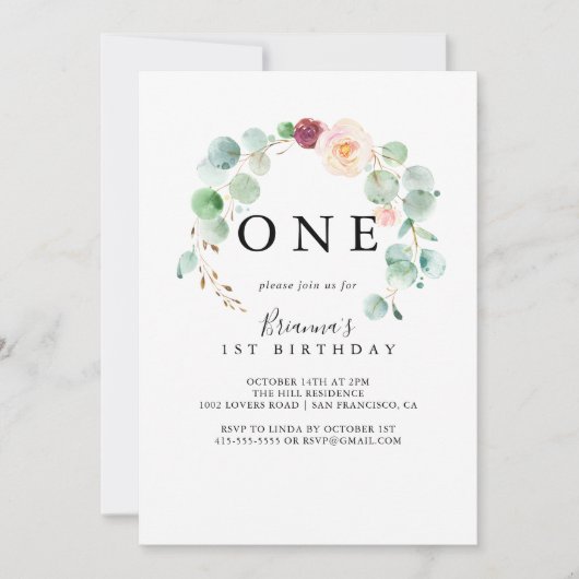 Hedendaagse Eucalyptus Eerste Verjaardagsfeest Kaart (Voorkant)