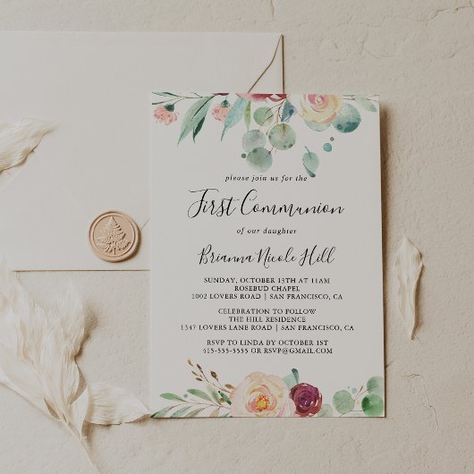 Hedendaagse Eucalyptus Floral eerste communie Kaart