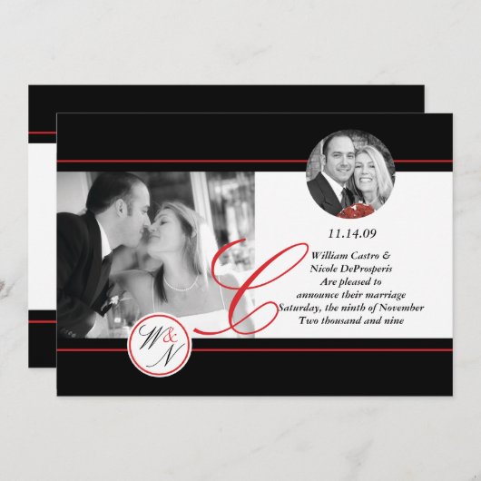 Hedendaagse getypte trouwkaart met monogram aankondiging (Voorkant / Achterkant)