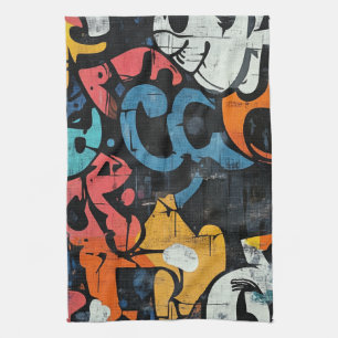 Hedendaagse Graffiti Abstract Roze Blauw Zwart Theedoek