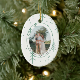Hedendaagse groene boom familie foto ovale Kerst- Keramisch Ornament
