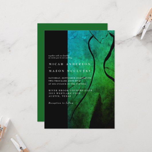 Hedendaagse groene trouwjurk bruiloft kaart (Voorkant / Achterkant in situ)