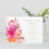 Hedendaagse Hot Pink Waterverf Floral Elegant Wedd Save The Date (Staand voorkant)