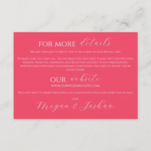 Hedendaagse Hot Pink Wedding Details Enclosure Kaa Informatiekaartje (Voorkant)