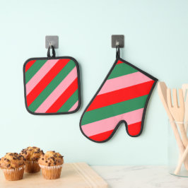 Hedendaagse Kerst Kerststrips Ovenwant & Pannenlap Set