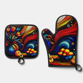 Hedendaagse kunst Bloemen en Sinaasappels Night Sk Ovenwant & Pannenlap Set