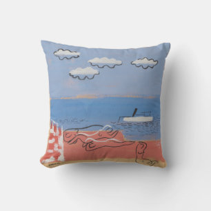 Hedendaagse kunst met een strand, zand en blauw he kussen