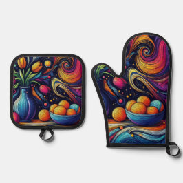 Hedendaagse kunst Tulpen en Sferen Nacht Ovenwant & Pannenlap Set