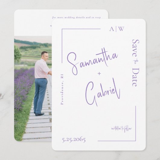 Hedendaagse Lavendel Foto Huwelijk Bewaar de Datum Save The Date (Voorkant / Achterkant)