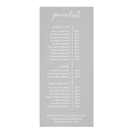Hedendaagse leisteen grijs moderne prijslijst reclamekaart (Voorkant)