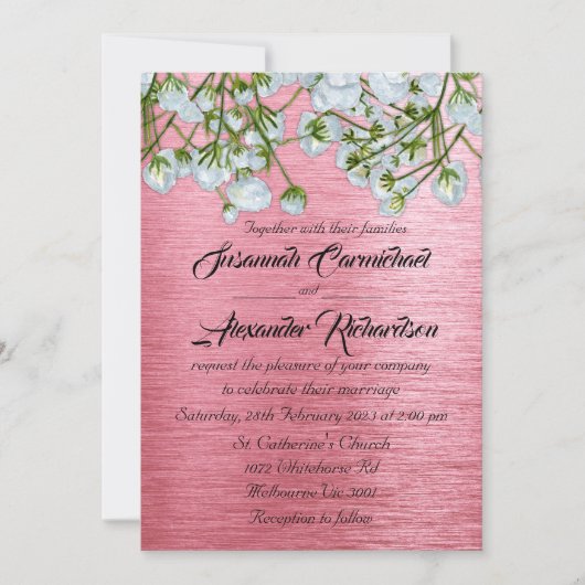 Hedendaagse Metallic Roze en Witte Rozen Trouwfees Kaart (Voorkant)