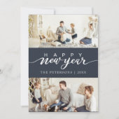 Hedendaagse Midnight Blue Fotocollage Nieuwjaar Feestdagenkaart (Voorkant)