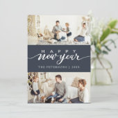 Hedendaagse Midnight Blue Fotocollage Nieuwjaar Feestdagenkaart (Staand voorkant)