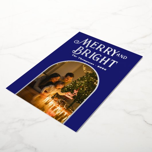 Hedendaagse Midnight Blue & Zilver Kerst Foto Folie Feestdagenkaart (Gedraaid)