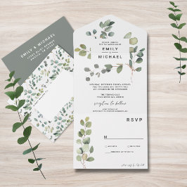 Hedendaagse minimalistische eucalyptus all in one uitnodiging