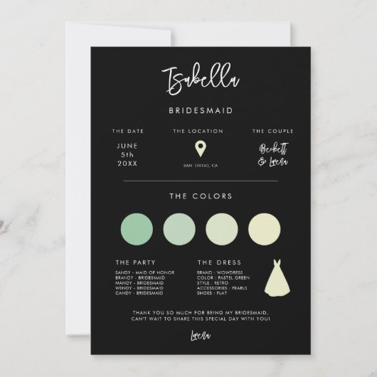 Hedendaagse Modern Zwart Bruidsmeisje info kaart (Voorkant)