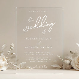 Hedendaagse moderne witte bruiloft acryl uitnodigingen