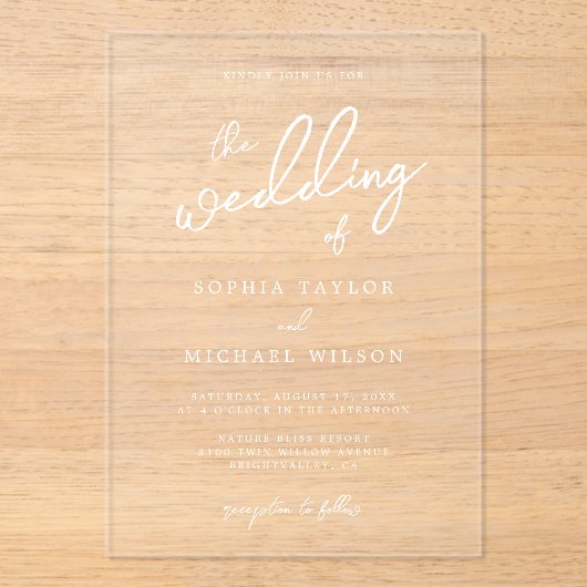 Hedendaagse moderne witte bruiloft acryl uitnodigingen (Voorkant)