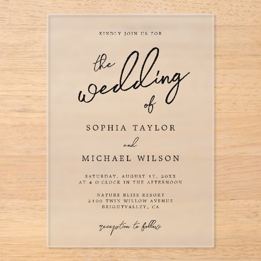 Hedendaagse moderne zwart-wit bruiloft acryl uitnodigingen (Voorkant)