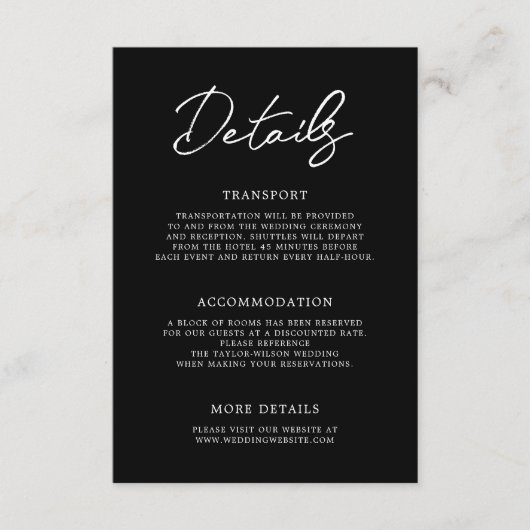 Hedendaagse Moderne Zwart Wit Bruiloft Details Informatiekaartje (Voorkant)