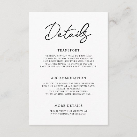 Hedendaagse Moderne Zwart Wit Bruiloft Details Informatiekaartje (Voorkant)
