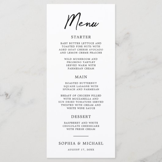 Hedendaagse moderne zwart-wit bruiloft menu (Voorkant)