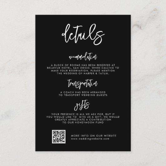 Hedendaagse moderne zwarte bruiloft details QR cod Informatiekaartje (Voorkant)