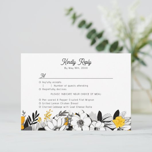 Hedendaagse monochrome bloemen maaltijdkeuzes RSVP kaartje (Staand voorkant)