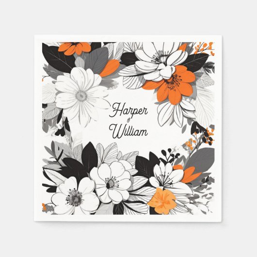 Hedendaagse monochrome oranje bloemen bruiloft servet (Voorkant)