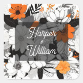 Hedendaagse monochrome oranje bloemen bruiloft vierkante sticker (Voorkant)
