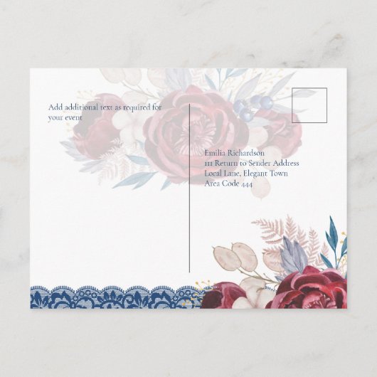 Hedendaagse Navy Blauwe Bordeaux Bloemrijke Kanten Briefkaart (Achterkant)