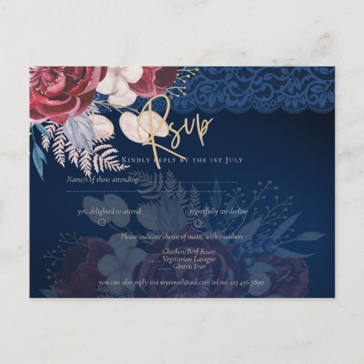 Hedendaagse Navy Blauwe Bordeaux Bloemrijke Kanten Briefkaart (Voorkant)